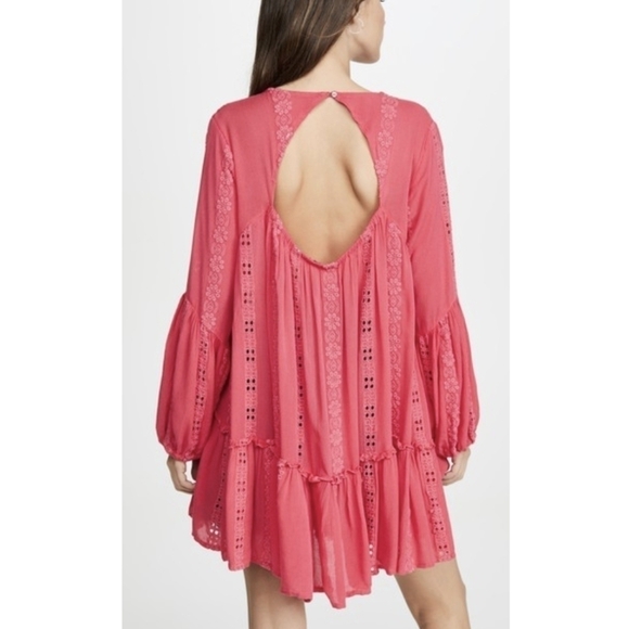 Free People Sweetest Dream Embroidered Long Puff Sleeve Tiered Tunic Top Pink XS - Picture 16 of 16
